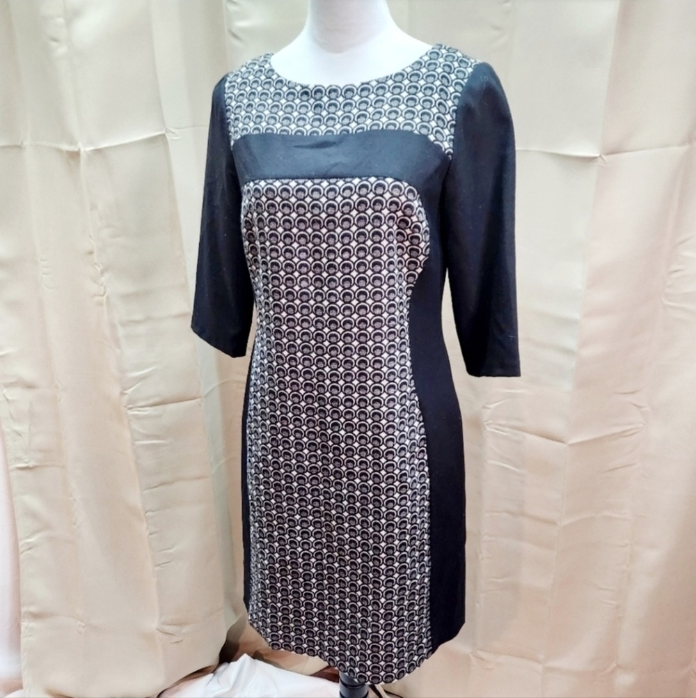 Boden Black and Gray Geometric Wool Blend Sheath Dress Women's Size 10L Long EUC